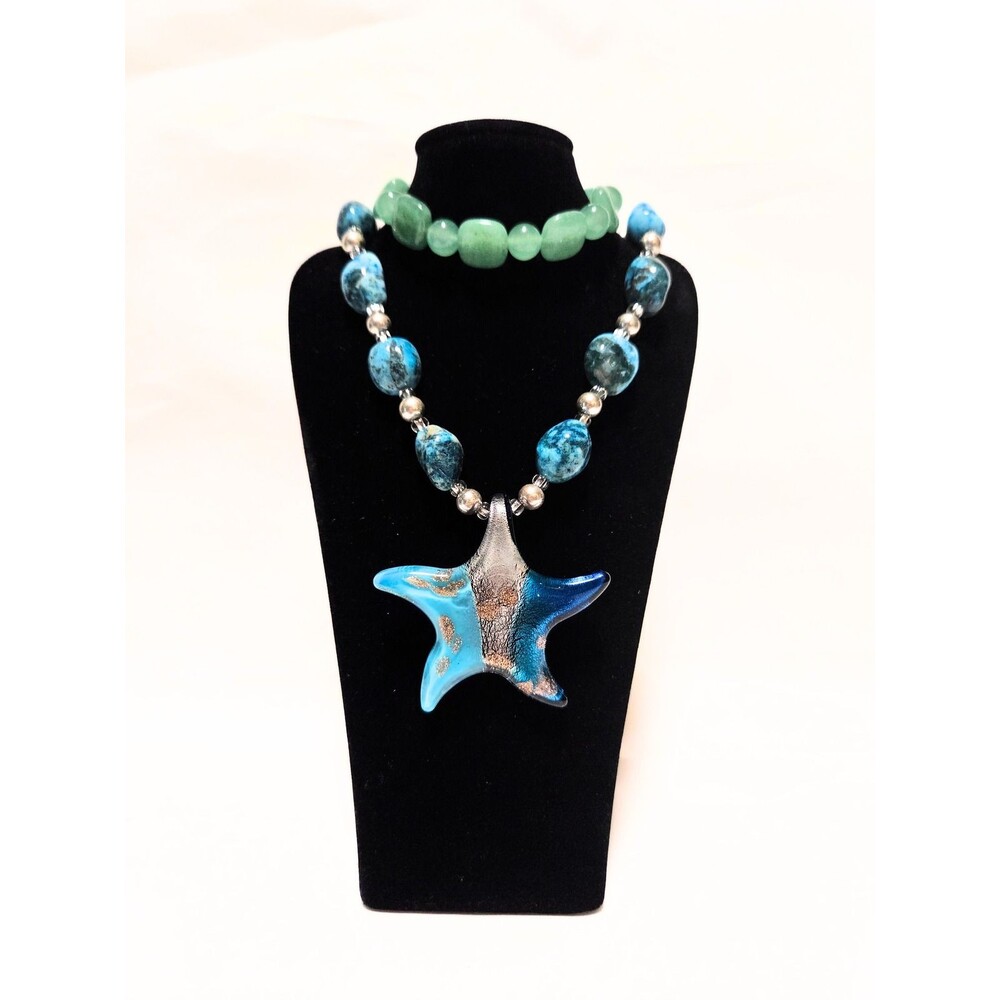 Blue Art Glass Starfish Pendant Beaded Necklace & Green Stretch Bracelet Set